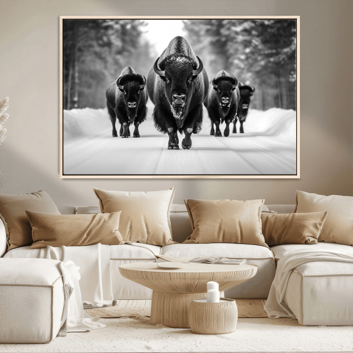 45287-MGV-CV-36X24-Bison Herd Wall Art – Black and White Buffalo Snow Road Canvas Print, Rustic Wildlife Decor for Cabin, Lodge or Living Room