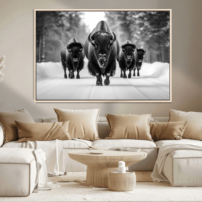 45287-MGV-CV-36X24-Bison Herd Wall Art – Black and White Buffalo Snow Road Canvas Print, Rustic Wildlife Decor for Cabin, Lodge or Living Room