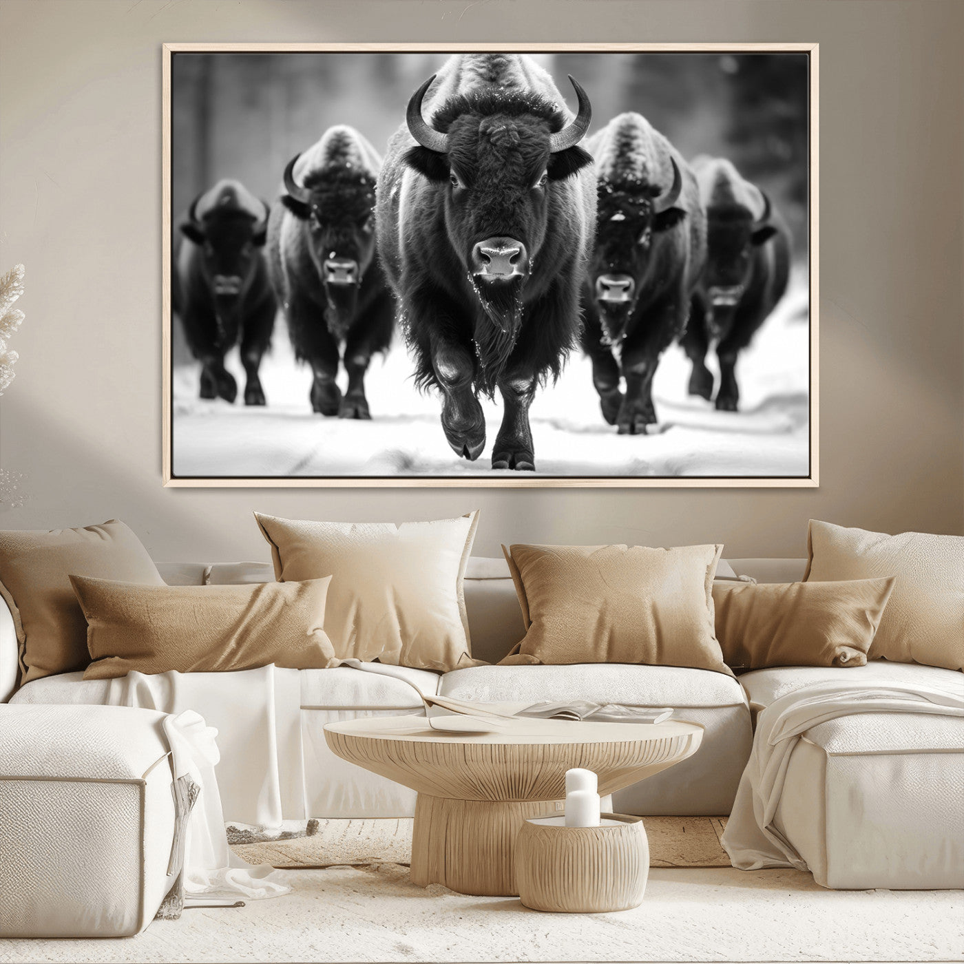 79872-MGV-CV-36X24-Bison Herd Wall Art – Black and White Buffalo on Snow Canvas Print, Rustic Wildlife Decor for Lodge, Cabin, or Living Room