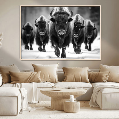 79872-MGV-CV-36X24-Bison Herd Wall Art – Black and White Buffalo on Snow Canvas Print, Rustic Wildlife Decor for Lodge, Cabin, or Living Room
