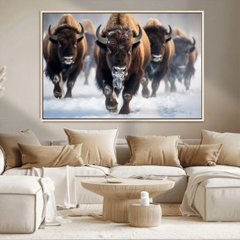 80512-MGV-CV-36X24-Bison Herd Wall Art – Buffalo Running in Snow Canvas Print, Rustic Wildlife Photography Decor for Cabin, Lodge, or Living Room