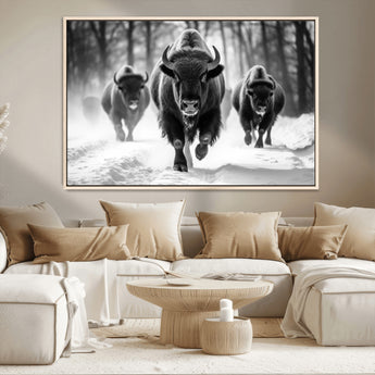 97552-MGV-CV-36X24-Black and White Bison Wall Art – Buffalo Herd Running in Snow Canvas Print, Rustic Wildlife Photography Decor for Cabin, Lodge, or