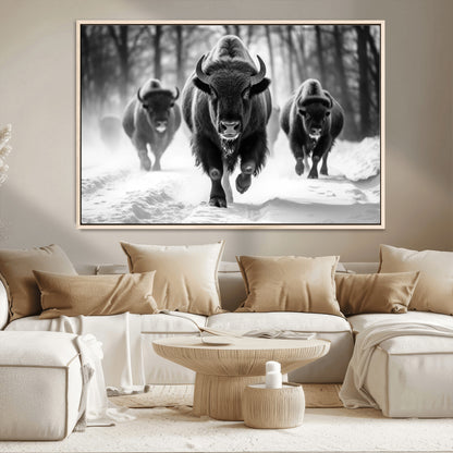 97552-MGV-CV-36X24-Black and White Bison Wall Art – Buffalo Herd Running in Snow Canvas Print, Rustic Wildlife Photography Decor for Cabin, Lodge, or