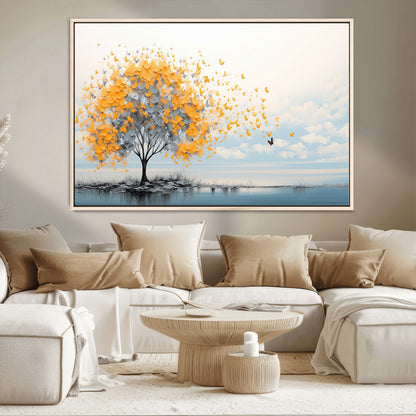 23385-MGV-CV-36X24-Golden Butterfly Tree Wall Art – Abstract Yellow and Gray Canvas Print, Modern Nature Artwork for Living Room, Bedroom or Office