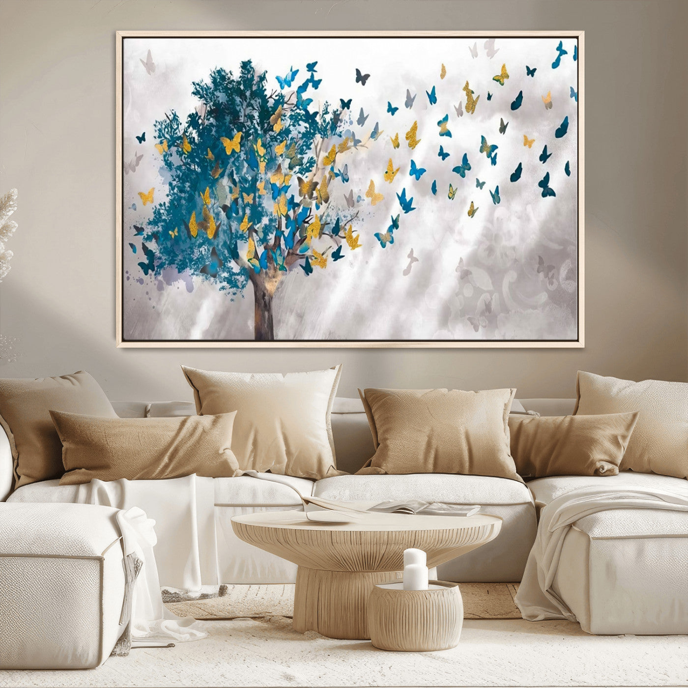 37564-MGV-CV-36X24-Butterfly Tree Wall Art – Modern Nature Canvas Print with Blue and Golden Butterflies, Elegant Decorative Painting for Living Room