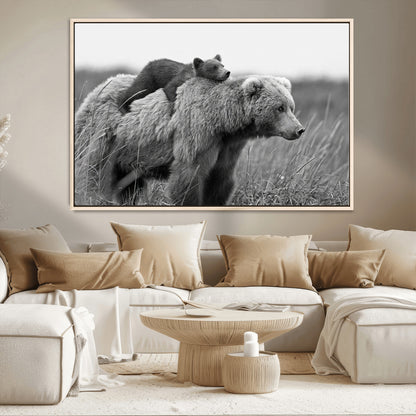 76338-MGV-CV-36X24-Mother Bear and Cub Wall Art – Black and White Wildlife Canvas Print, Rustic Nature Photography for Cabin, Living Room or Office