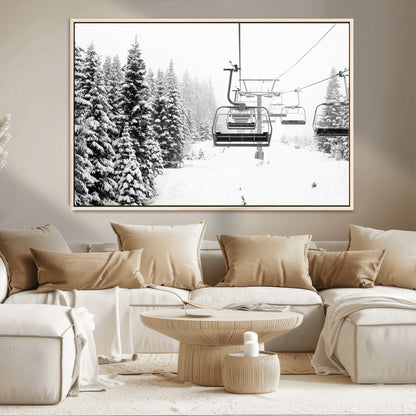 70609-MGV-CV-36X24-Snowy Ski Lift Wall Art – Black and White Winter Mountain Landscape Canvas Print, Rustic Lodge Decor for Cabin, Living Room or