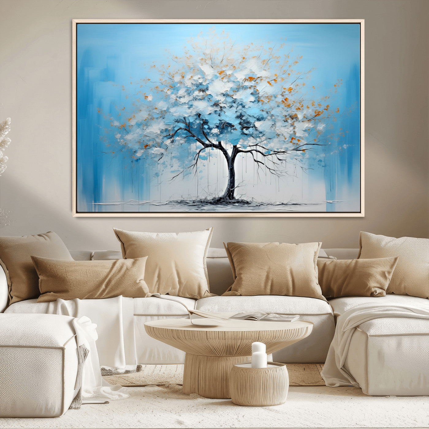 25021-MGV-CV-36X24-Abstract Tree Wall Art – Blue and White Canvas Painting with Gold Accents, Modern Nature-Inspired Artwork for Living Room, Bedroom