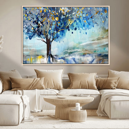 17018-MGV-CV-36X24-Abstract Blue Tree Wall Art – Colorful Canvas Painting with Gold and Silver Accents, Modern Nature Artwork for Living Room,