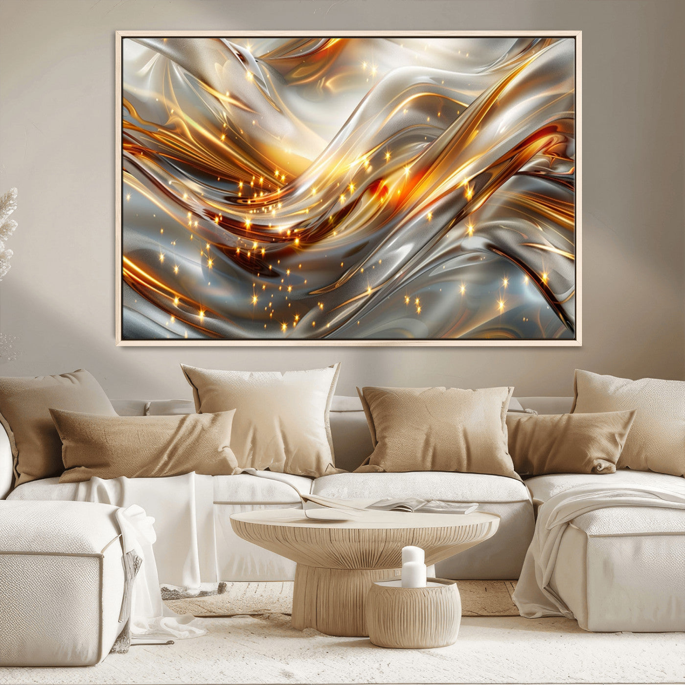 Lines1-MGV-CV-36X24-Abstract Metallic Wall Art – Silver and Gold Wave Canvas Print with Sparkling Accents, Modern Luxury Decor for Living Room, Office