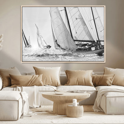 Boat-1-MGV-CV-36X24-Sailboat Racing Wall Art – Nautical Black and White Canvas Print, Ocean Adventure Decor for Office, Living Room or Bedroom