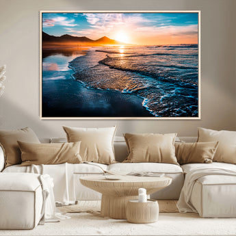 26494-MGV-CV-36X24-Ocean Sunset Wall Art – Scenic Beach Canvas Print with Waves and Mountains, Coastal Seascape Photography for Living Room, Bedroom