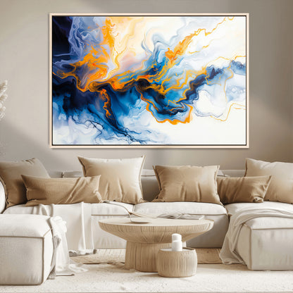 83720-MGV-CV-36X24-Abstract Fluid Wall Art – Blue, White and Gold Swirl Canvas Painting, Modern Contemporary Artwork for Living Room, Bedroom or