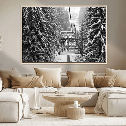 19240-MGV-CV-36X24-Ski Lift Wall Art – Black and White Winter Mountain Canvas Print, Snowy Forest Ski Resort Photography for Cabin, Lodge, Office or