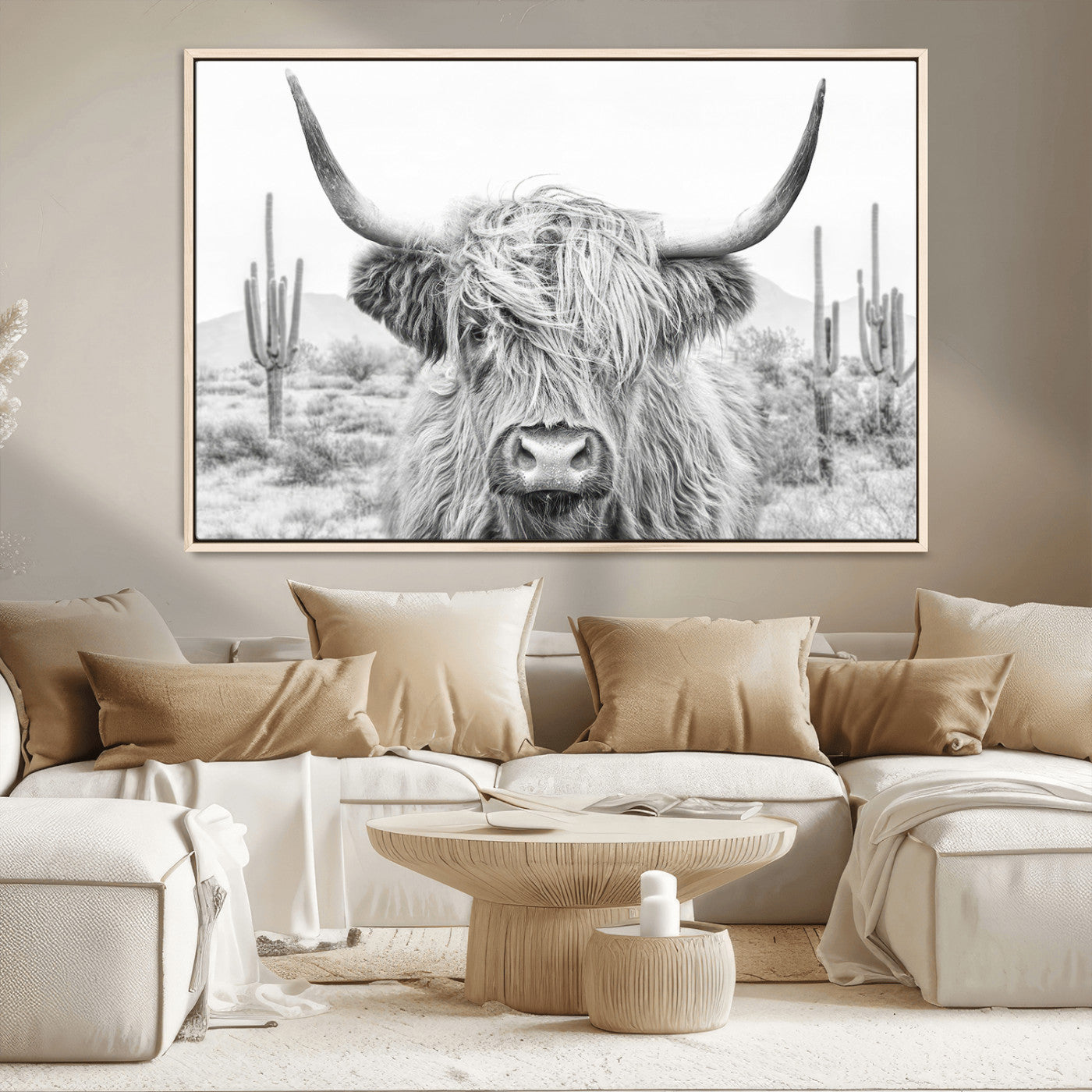 94579-MGV-CV-36X24-Highland Cow Wall Art – Black and White Longhorn Canvas Print, Rustic Western Farmhouse Animal Photography for Living Room,