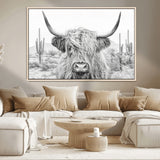 94579-MGV-CV-36X24-Highland Cow Wall Art – Black and White Longhorn Canvas Print, Rustic Western Farmhouse Animal Photography for Living Room,