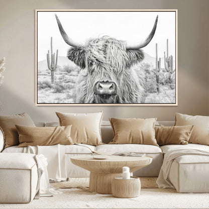 94579-MGV-CV-36X24-Highland Cow Wall Art – Black and White Longhorn Canvas Print, Rustic Western Farmhouse Animal Photography for Living Room,