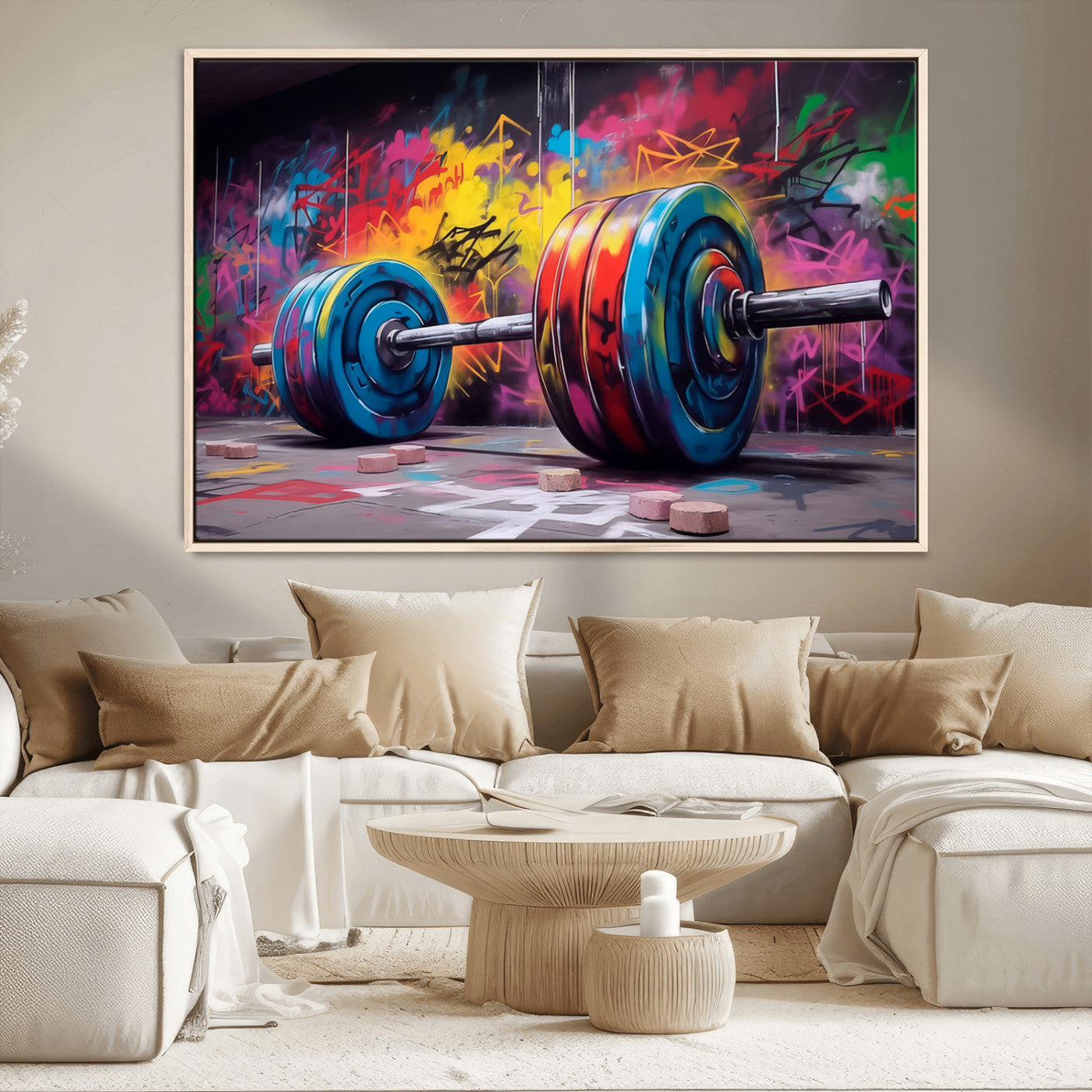 13549-MGV-CV-36X24-Graffiti Gym Wall Art Canvas Print, Framed Graffiti Barbell Art Picture Print, Weightlifting Perfect Fitness Studio Decor Artwork