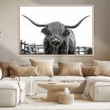 58188-MGV-CV-36X24-Highland Cow Wall Art – Black and White Rustic Farmhouse Canvas Print, Longhorn Cattle Photography Decor for Living Room or
