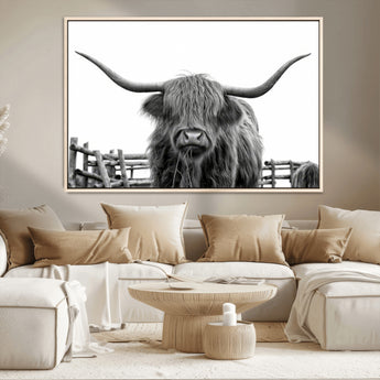 58188-MGV-CV-36X24-Highland Cow Wall Art – Black and White Rustic Farmhouse Canvas Print, Longhorn Cattle Photography Decor for Living Room or