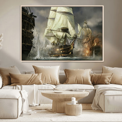 26512-MGV-CV-36X24-Naval Battle Wall Art – Dramatic Tall Ship Canvas Print, Historic Pirate Sailing War Scene, Nautical Decor for Office, Study or