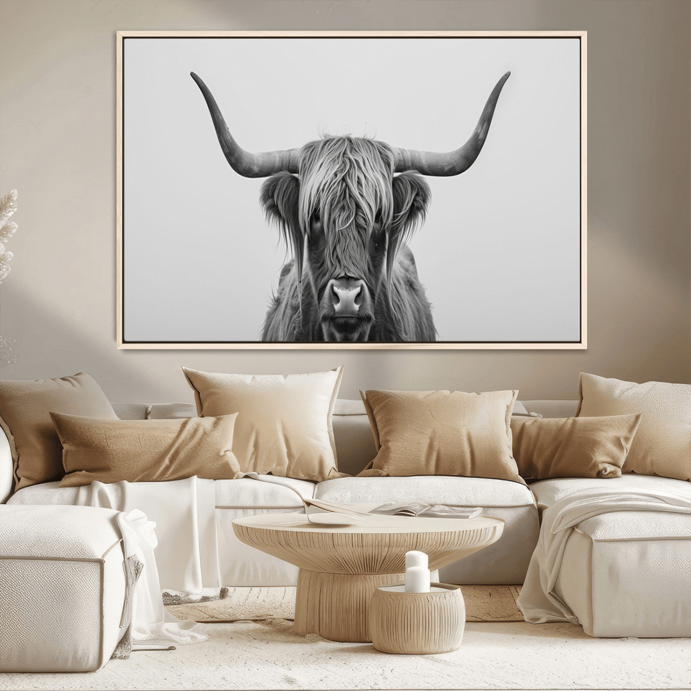 35820-MGV-CV-36X24-Minimalist Highland Cow Wall Art – Black and White Longhorn Cattle Canvas Print, Modern Farmhouse Animal Photography Decor for