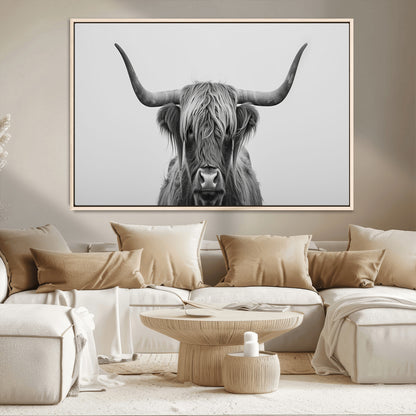 35820-MGV-CV-36X24-Minimalist Highland Cow Wall Art – Black and White Longhorn Cattle Canvas Print, Modern Farmhouse Animal Photography Decor for
