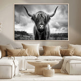 17924-MGV-CV-36X24-Highland Cow Wall Art – Black and White Rustic Longhorn Cattle Canvas Print, Farmhouse Animal Photography Decor for Country Home