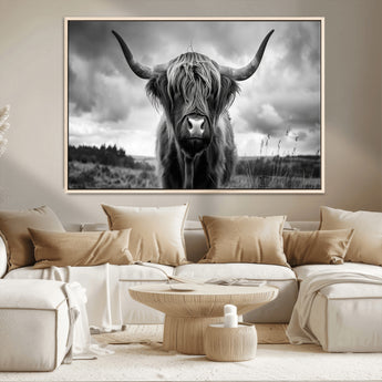 17924-MGV-CV-36X24-Highland Cow Wall Art – Black and White Rustic Longhorn Cattle Canvas Print, Farmhouse Animal Photography Decor for Country Home