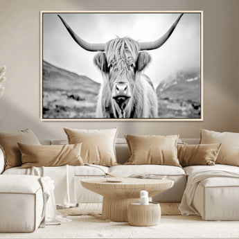 80564-MGV-CV-36X24-Highland Cow Wall Art – Black and White Scottish Highland Canvas Print, Rustic Farmhouse Decor for Living Room, Bedroom or Office