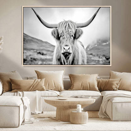 80564-MGV-CV-36X24-Highland Cow Wall Art – Black and White Scottish Highland Canvas Print, Rustic Farmhouse Decor for Living Room, Bedroom or Office