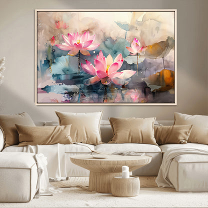 27936-MGV-CV-36X24-Lotus Pond Wall Art – Watercolor Pink Lotus Flowers Canvas Print, Tranquil Botanical Artwork for Bedroom, Living Room or