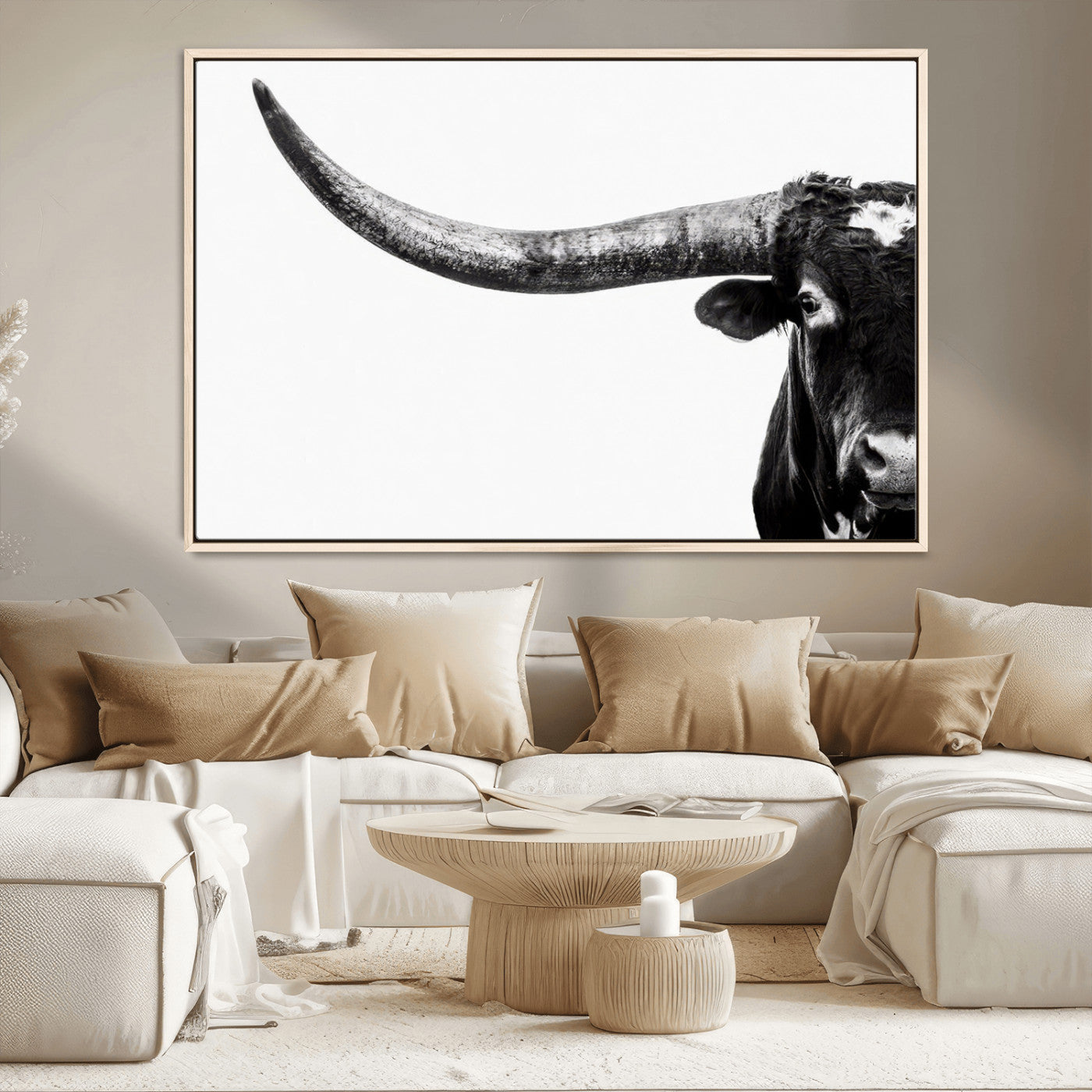 31699-MGV-CV-36X24-Longhorn Wall Art – Black and White Texas Longhorn Cow Canvas Print, Rustic Western Farmhouse Artwork for Living Room, Bedroom or
