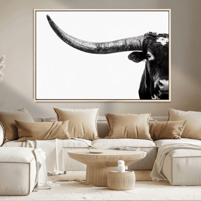31699-MGV-CV-36X24-Longhorn Wall Art – Black and White Texas Longhorn Cow Canvas Print, Rustic Western Farmhouse Artwork for Living Room, Bedroom or