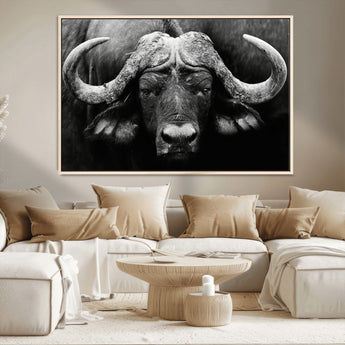 75273-MGV-CV-36X24-Buffalo Wall Art – Black and White African Buffalo Canvas Print, Rustic Wildlife Animal Artwork for Farmhouse, Living Room,