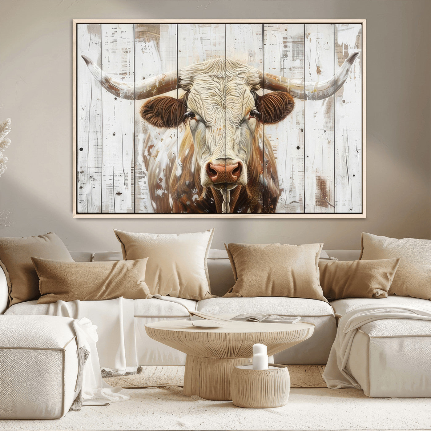 71551-MGV-CV-36X24-Longhorn Bull Wall Art – Rustic Western Cow Canvas Print, Farmhouse Animal Painting with Wood Plank Style for Living Room, Office