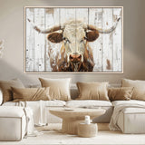 71551-MGV-CV-36X24-Longhorn Bull Wall Art – Rustic Western Cow Canvas Print, Farmhouse Animal Painting with Wood Plank Style for Living Room, Office