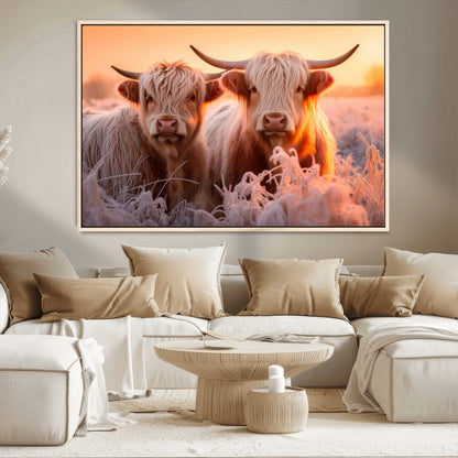 68253-MGV-CV-36X24-Highland Cow Wall Art – Rustic Farmhouse Cattle Canvas Print, Frosty Sunset Animal Artwork for Living Room, Bedroom or Country