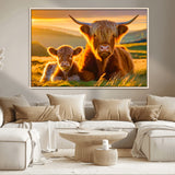 20567-MGV-CV-36X24-Highland Cow and Calf Wall Art – Rustic Farmhouse Sunset Cattle Canvas Print, Country Animal Artwork for Living Room, Bedroom, or