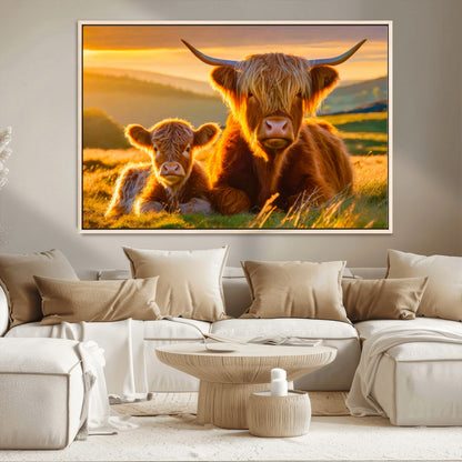 20567-MGV-CV-36X24-Highland Cow and Calf Wall Art – Rustic Farmhouse Sunset Cattle Canvas Print, Country Animal Artwork for Living Room, Bedroom, or