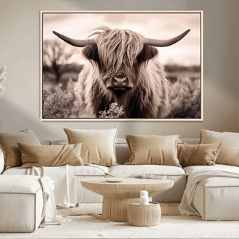55903-MGV-CV-36X24-Highland Cow Wall Art – Rustic Sepia Scottish Highland Bull Canvas Print, Farmhouse Country Animal Decor for Living Room, Bedroom