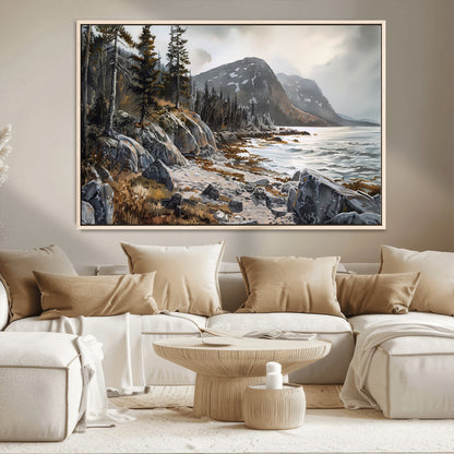 41281-MGV-CV-36X24-Rocky Shoreline Wall Art – Panoramic Mountain Coast and Forest Canvas Print, Rustic Nature Landscape Decor for Cabin, Lodge, or