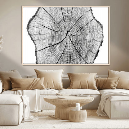 98709-MGV-CV-36X24-Tree Ring Wall Art – Black and White Canvas Print Rustic Wood Cross Section, Minimal Nature Inspired Decor for Living Room,