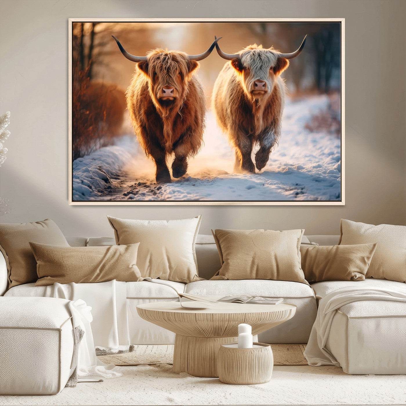 94810-MGV-CV-36X24-Highland Cow Wall Art – Rustic Canvas Print Two Cattle Snow Path Sunset, Farmhouse Country Decor for Living Room, Bedroom, Office,