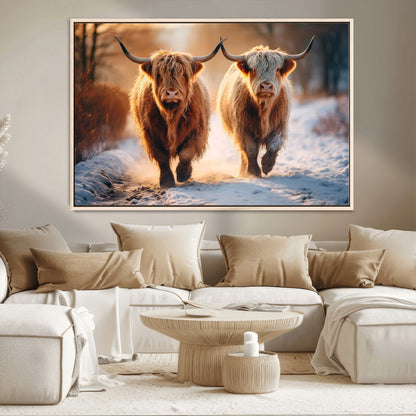 94810-MGV-CV-36X24-Highland Cow Wall Art – Rustic Canvas Print Two Cattle Snow Path Sunset, Farmhouse Country Decor for Living Room, Bedroom, Office,