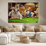 34228-MGV-CV-36X24-Dogs Playing Pool Wall Art Canvas Print, Framed Funny Dog Art Picture Print, Dog Perfect Game Room Decor Artwork