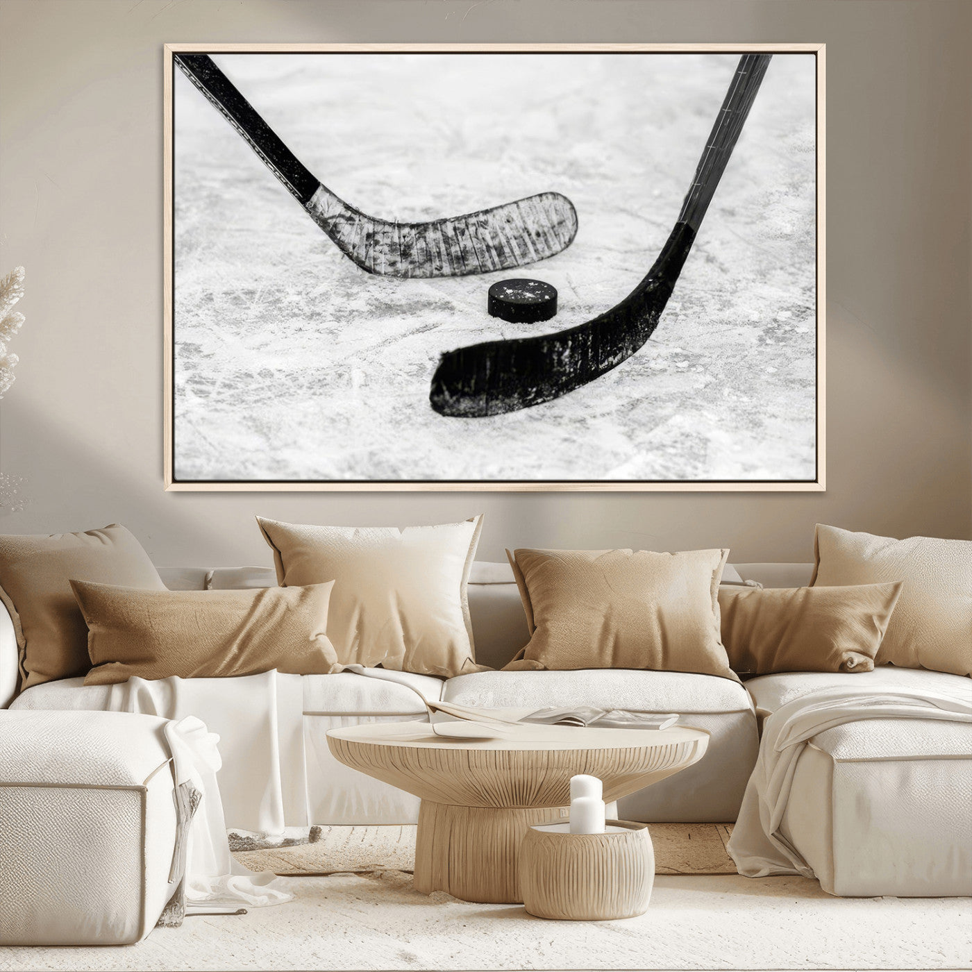 82900-MGV-CV-36X24-Hockey Wall Art – Black and White Canvas Print Ice Rink Sticks Puck Sports Photography, Modern Decor for Game Room, Man Cave,
