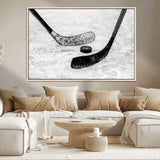 82900-MGV-CV-36X24-Hockey Wall Art – Black and White Canvas Print Ice Rink Sticks Puck Sports Photography, Modern Decor for Game Room, Man Cave,