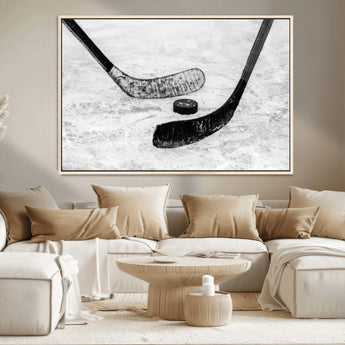 82900-MGV-CV-36X24-Hockey Wall Art – Black and White Canvas Print Ice Rink Sticks Puck Sports Photography, Modern Decor for Game Room, Man Cave,