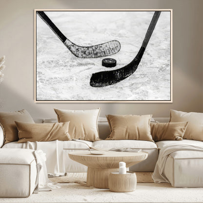 82900-MGV-CV-36X24-Hockey Wall Art – Black and White Canvas Print Ice Rink Sticks Puck Sports Photography, Modern Decor for Game Room, Man Cave,